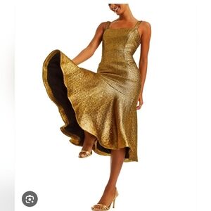 Mestiza New York Jody Metallic Tweed Square Neck Flutter Hem Midi Dress